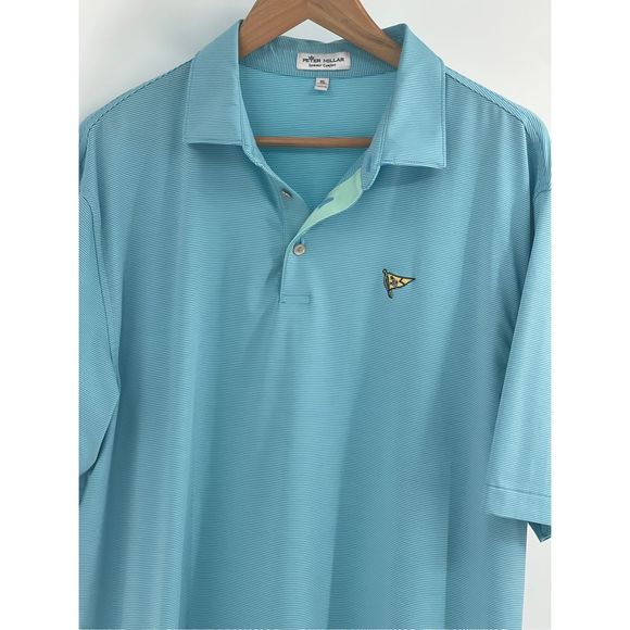 Peter Millar Polo Golf Shirt Men XL Blue Striped Short Sleeve Yellow‎ Flag - Picture 2 of 13